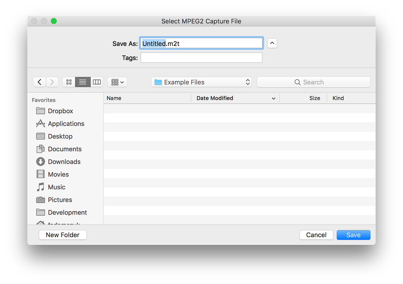 Capture file creation window
