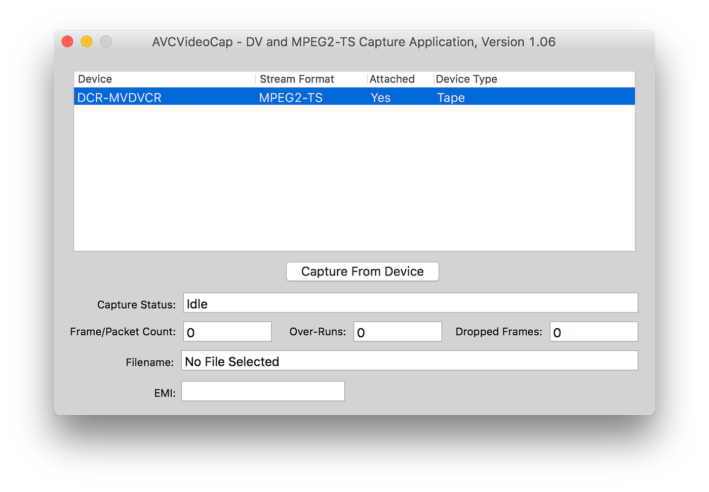 AVCVideoCap app window with device listed